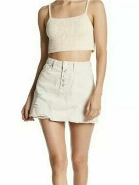 Free People We the Free Off White Denim Raw Hem Distressed Button Mini Skirt 31